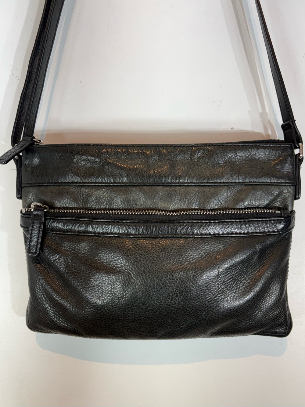 Margot New York Black Genuine Leather Crossbody Bag Multi Zip Pockets